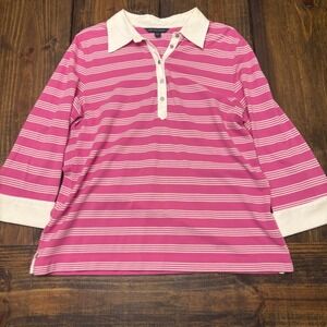 Brooks Brothers 346 Women's Pink Striped 3/4 Sleeve Polo‎ Shirt White Trim L